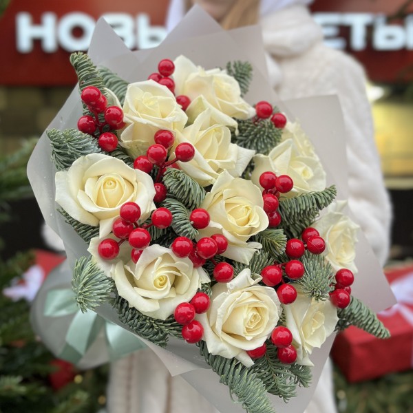 11 белых роз Аваланш с нобилисом