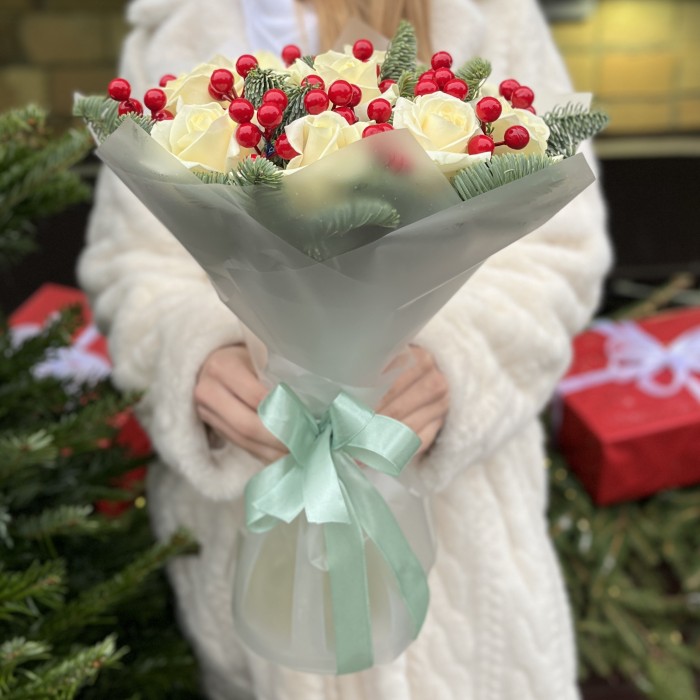 11 белых роз Аваланш с нобилисом