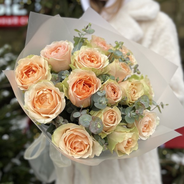 15 кремовых пионовидных роз Гравити с эвкалиптом