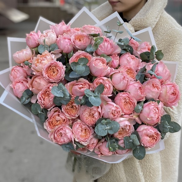 15 кустовых пионовидных роз Джульетта с эвкалиптом
