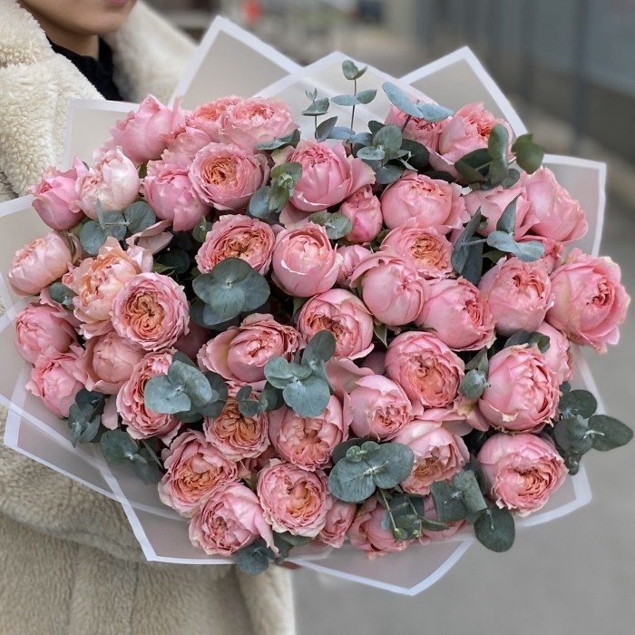 15 кустовых пионовидных роз Джульетта с эвкалиптом