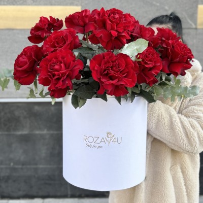 15 пышных красных роз Хартс с эвкалиптом в коробке
