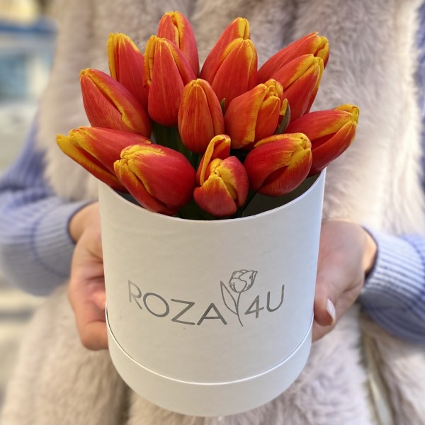 15 красно-желтых тюльпанов в коробке