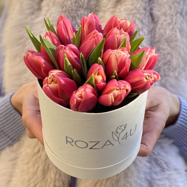 15 пионовидных тюльпанов в коробке