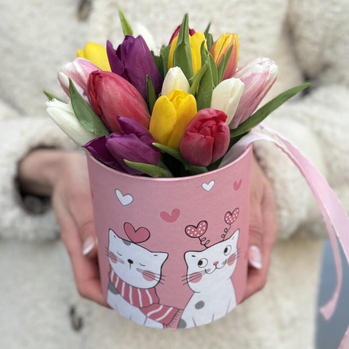 15 тюльпанов в коробке Котики