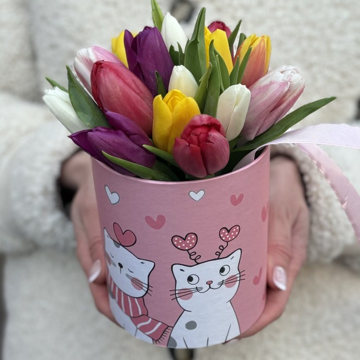 15 тюльпанов в коробке Котики
