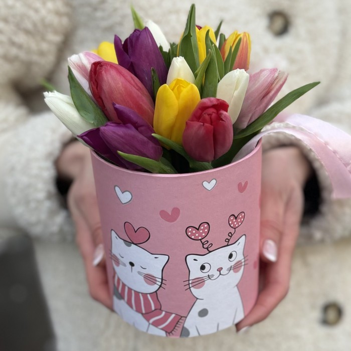 15 тюльпанов в коробке Котики