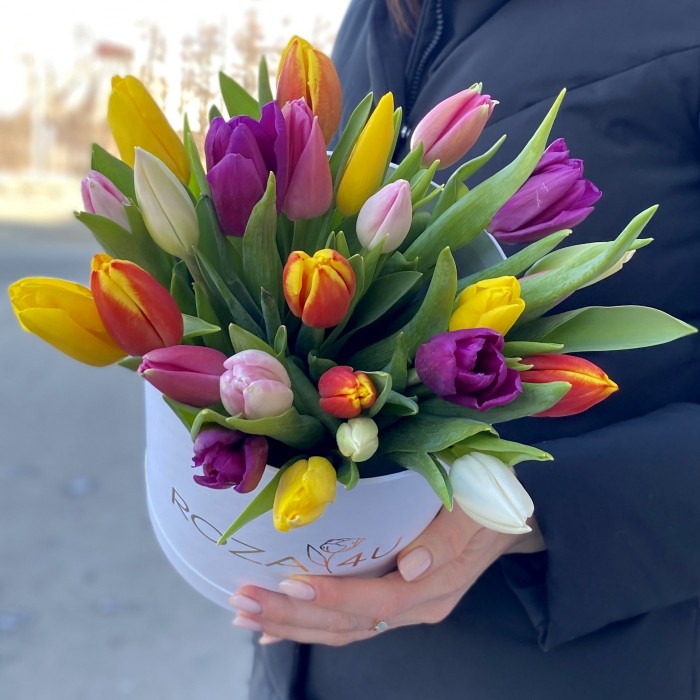 25 разноцветных тюльпанов в коробке