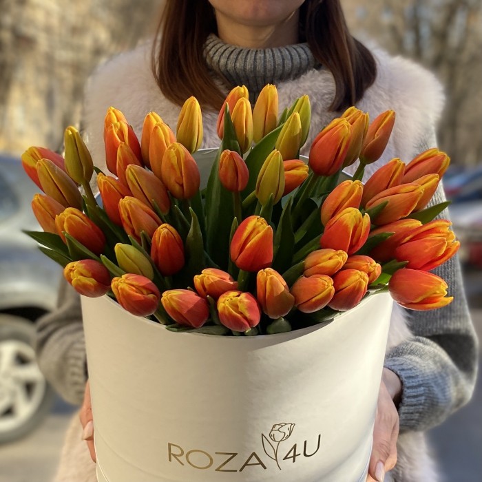 51 красно-желтый тюльпан в коробке