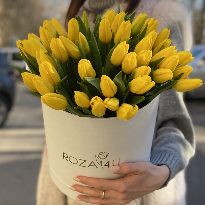 51 желтый тюльпан в коробке