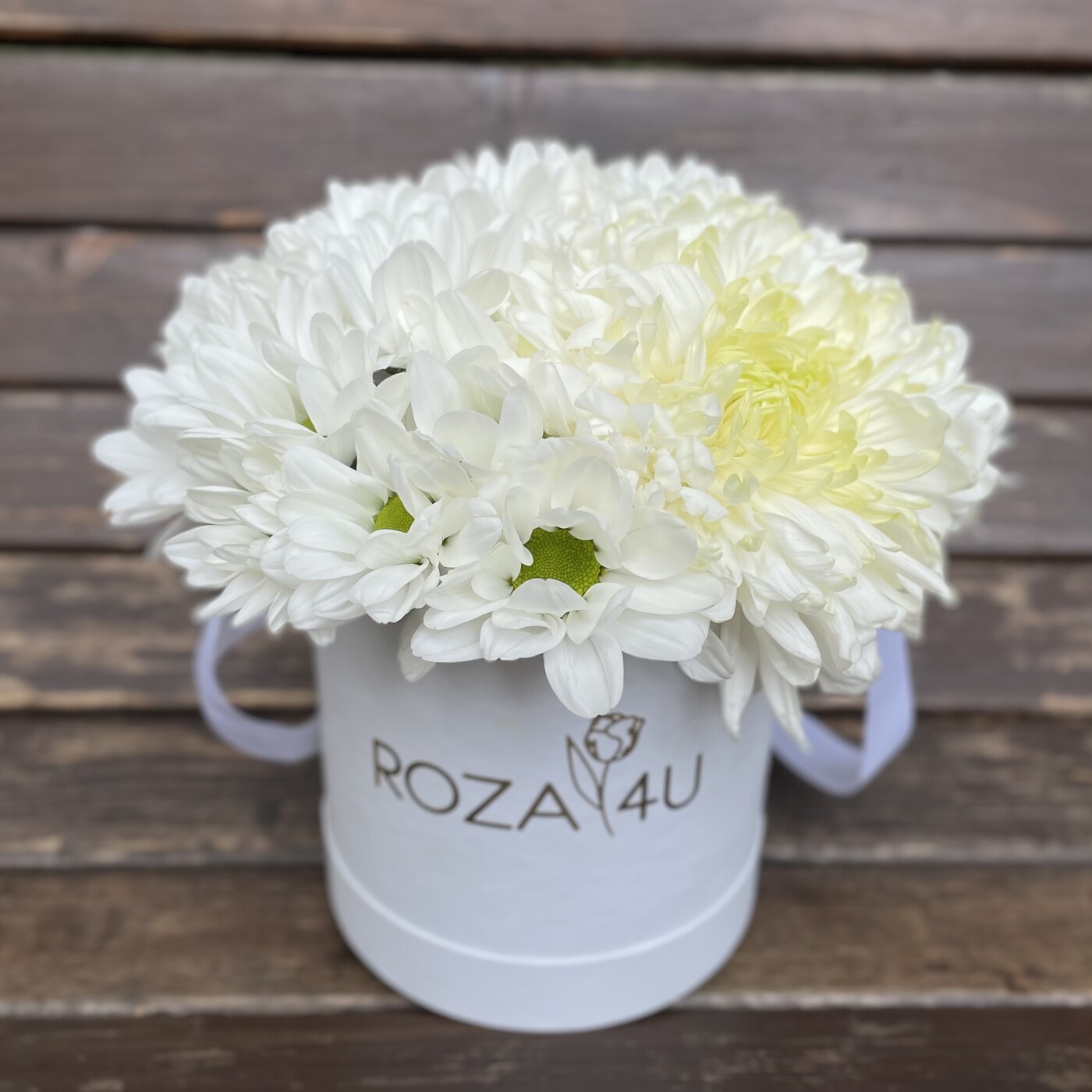 шикарные белые хризантемы в коробке ко Дню Учителя на Roza4u.ru