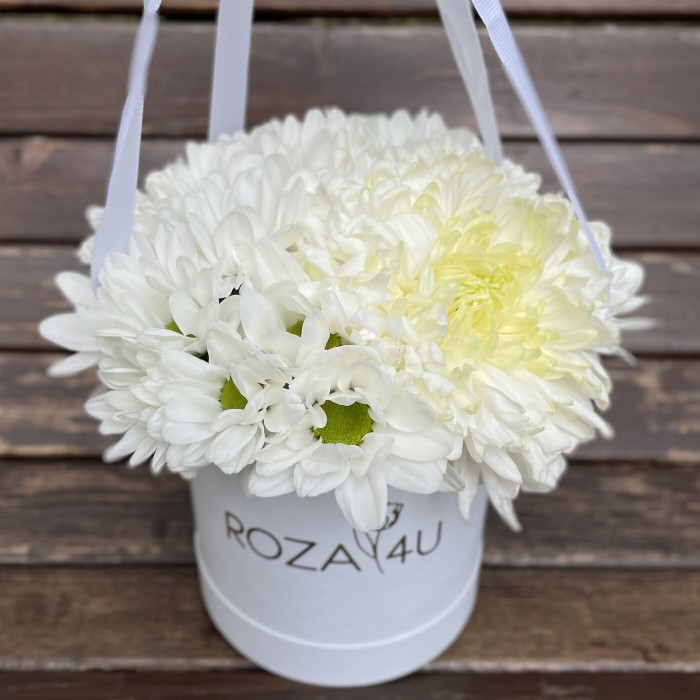 Белая композиция из хризантем в коробке
