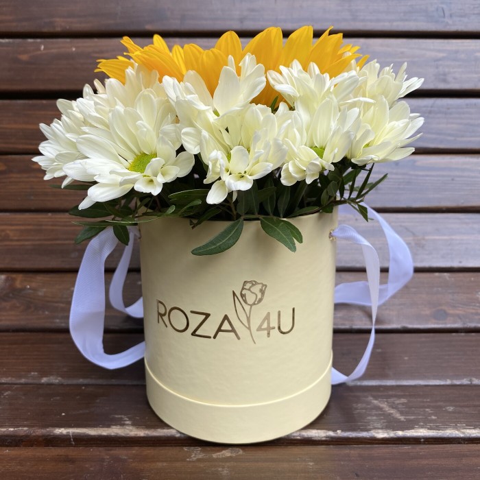 Мини коробка хризантем с подсолнухом