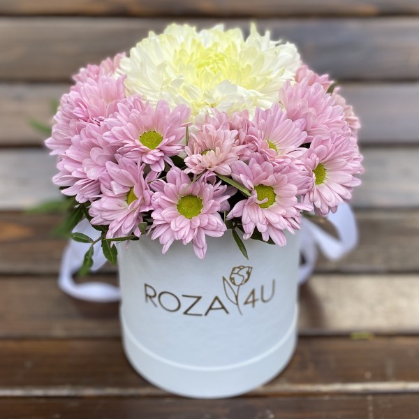 Розовая композиция из хризантем в коробке