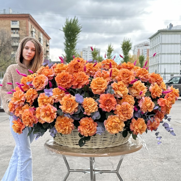 151 пышная оранжевая роза Фри Спирит в корзине