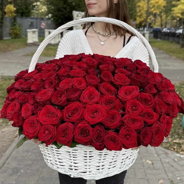 151 ароматная красная роза в корзине