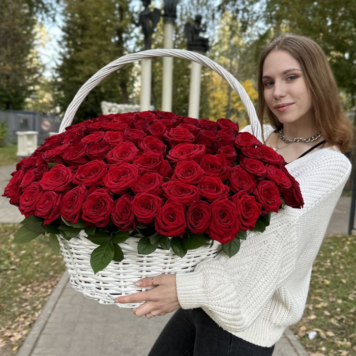 151 ароматная красная роза в корзине