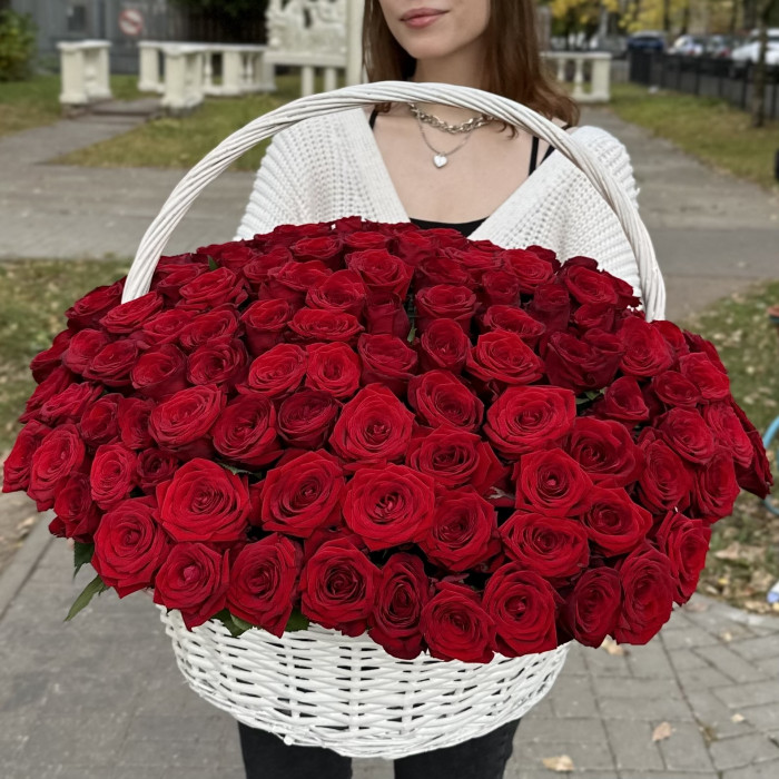 151 ароматная красная роза в корзине