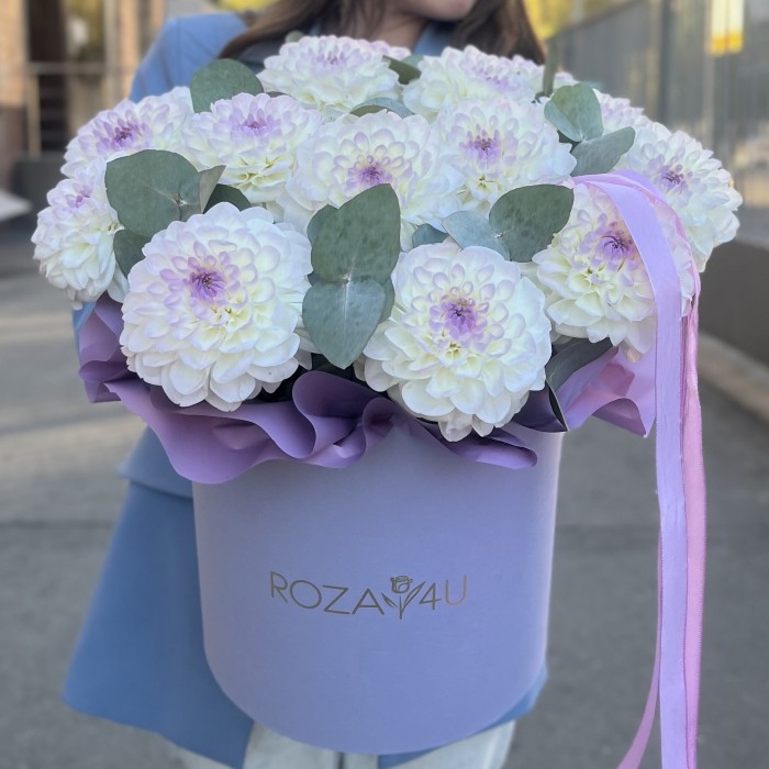 15 бело-сиреневых георгин с эвкалиптом в коробке