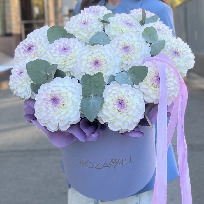 15 бело-сиреневых георгин с эвкалиптом в коробке