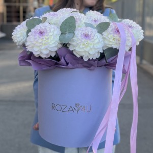 15 бело-сиреневых георгин с эвкалиптом в коробке