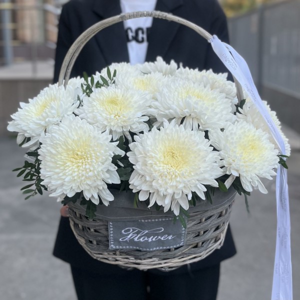 15 белых хризантем Магнум в корзине