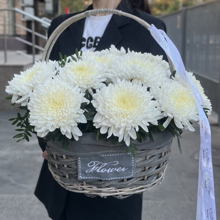 15 белых хризантем Магнум в корзине
