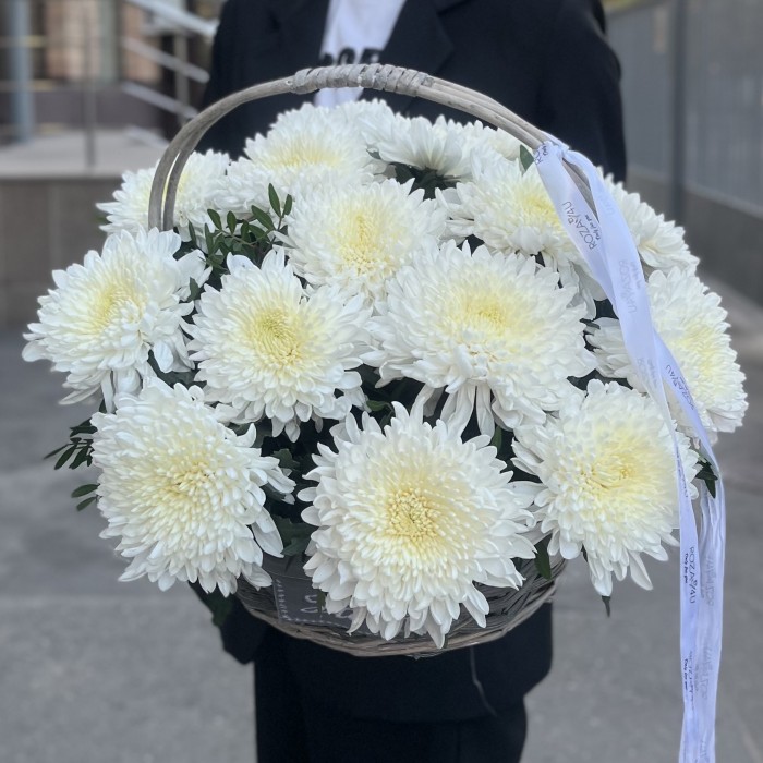 15 белых хризантем Магнум в корзине