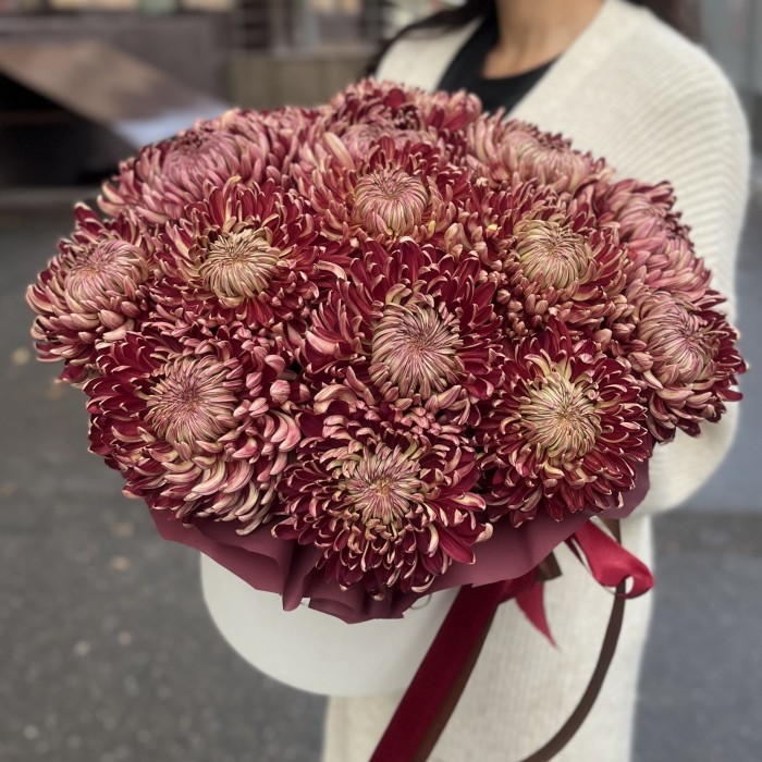 15 бордовых хризантем в коробке