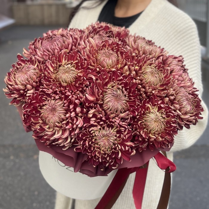 15 бордовых хризантем в коробке
