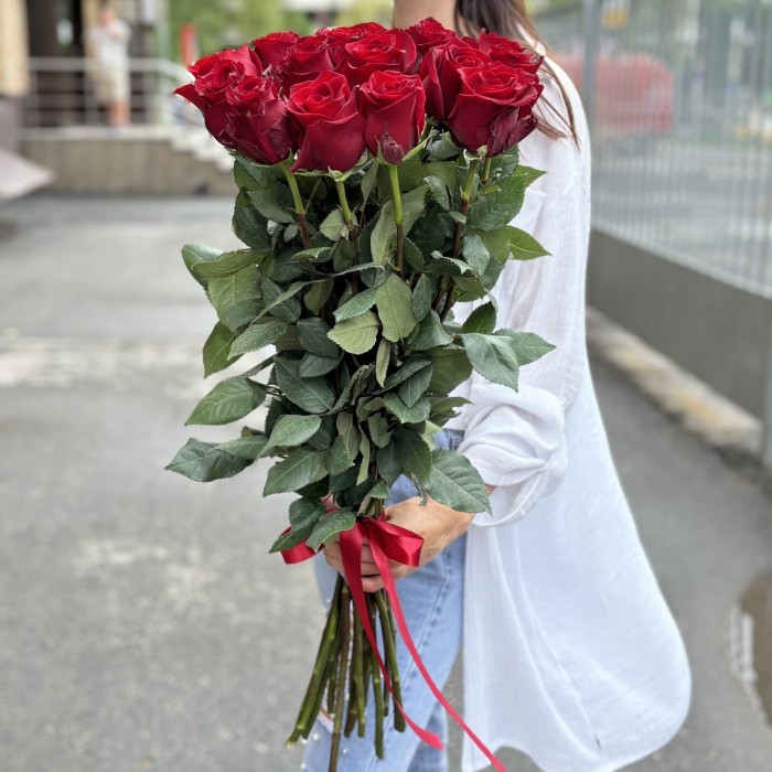 15 длинных красных роз Эксплорер 80 см