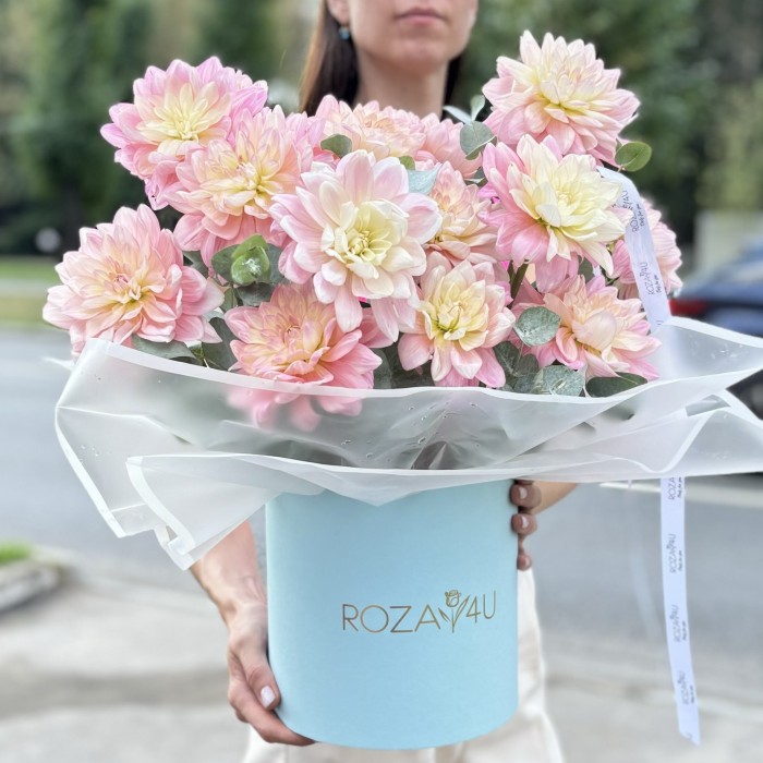 15 георгин Диана Мемори с эвкалиптом в коробке