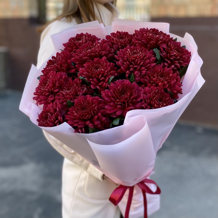15 красных хризантем Ламира