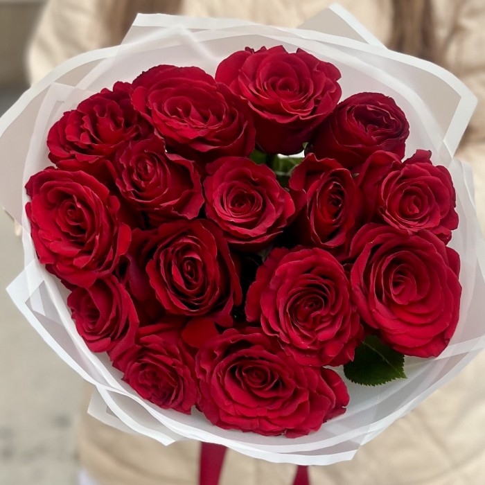 15 красных роз в упаковке 40 см