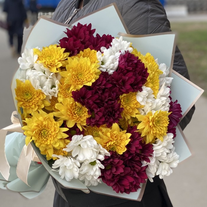 15 кустовых хризантем яркий микс