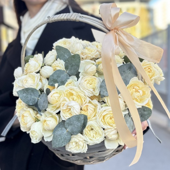 15 кустовых пионовидных кремовых роз Джульетта с эвкалиптом в корзине
