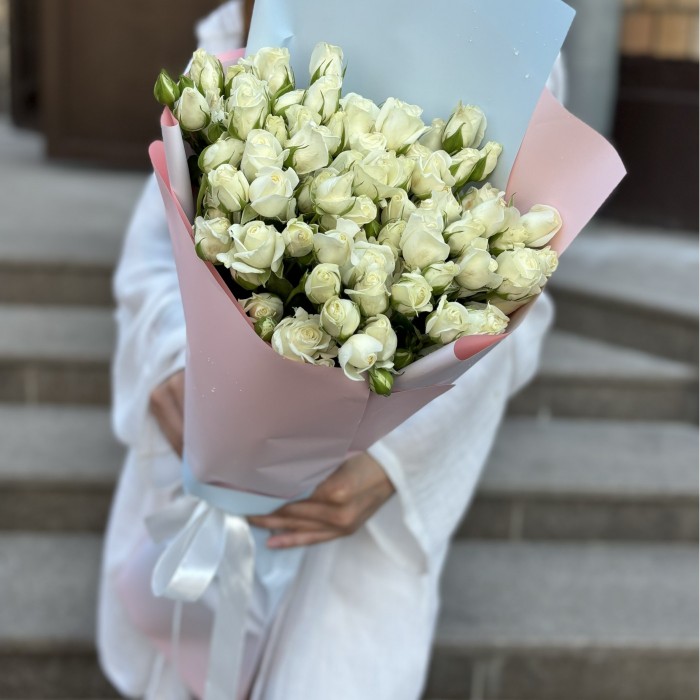 15 кустовых роз Сноу Бабл 80 см в упаковке