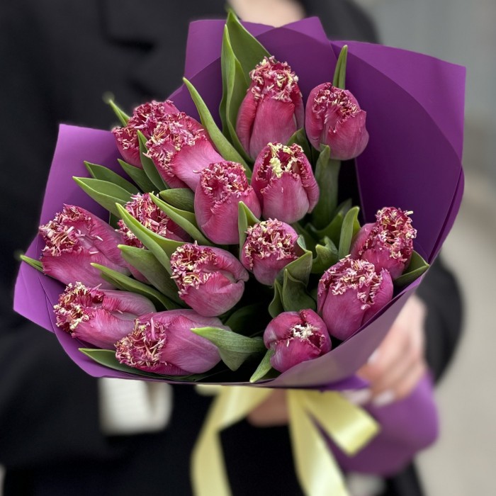 15 махровых темно-розовых тюльпанов в упаковке