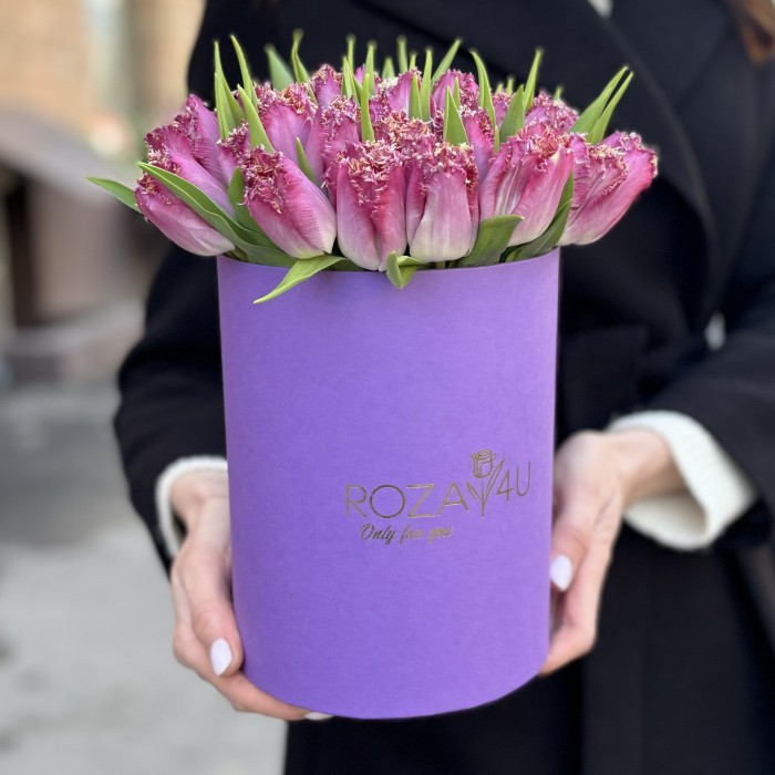 35 махровых темно-розовых тюльпанов в коробке