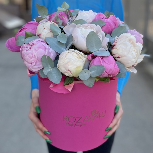 15 пионов Нежный микс в коробке