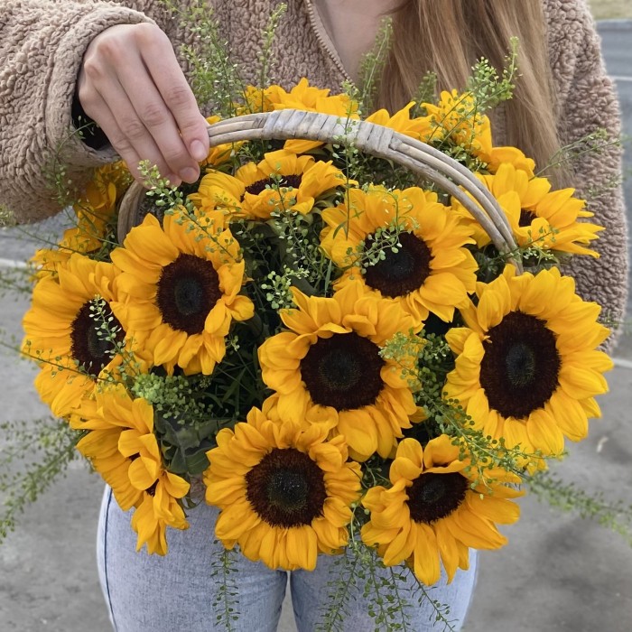 15 подсолнухов с гринбеллом в корзине