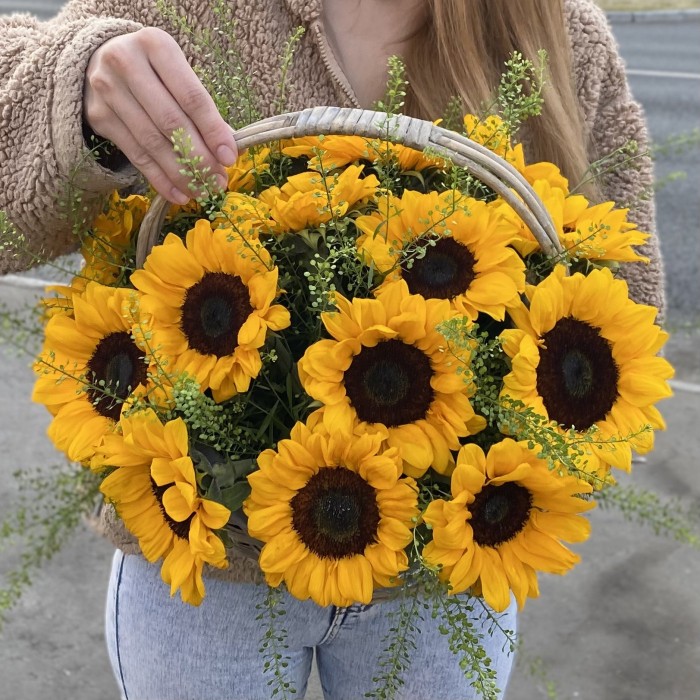 15 подсолнухов с гринбеллом в корзине