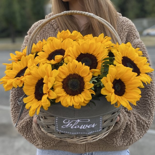 15 подсолнухов в корзине