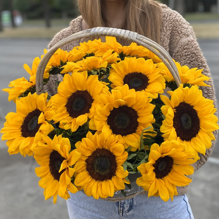15 подсолнухов в корзине
