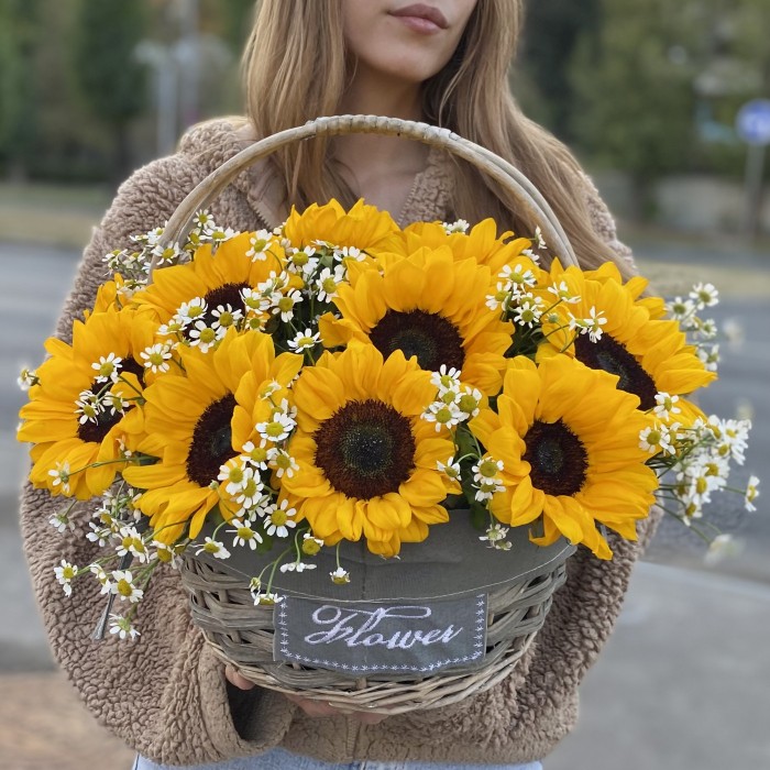 15 подсолнухов в корзине с ромашкой
