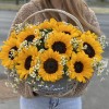 15 подсолнухов в корзине с ромашкой