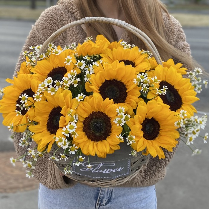 15 подсолнухов в корзине с ромашкой