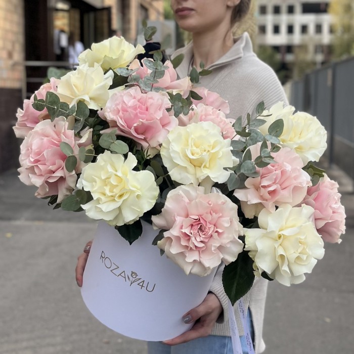 15 пышных розовых и белых роз Мондиаль с эвкалиптом в коробке