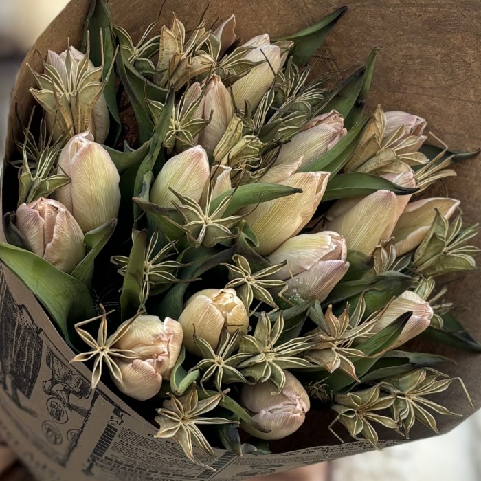 15 тюльпанов Мокко с нигеллой