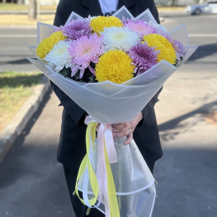 15 ярких хризантем MIX в упаковке